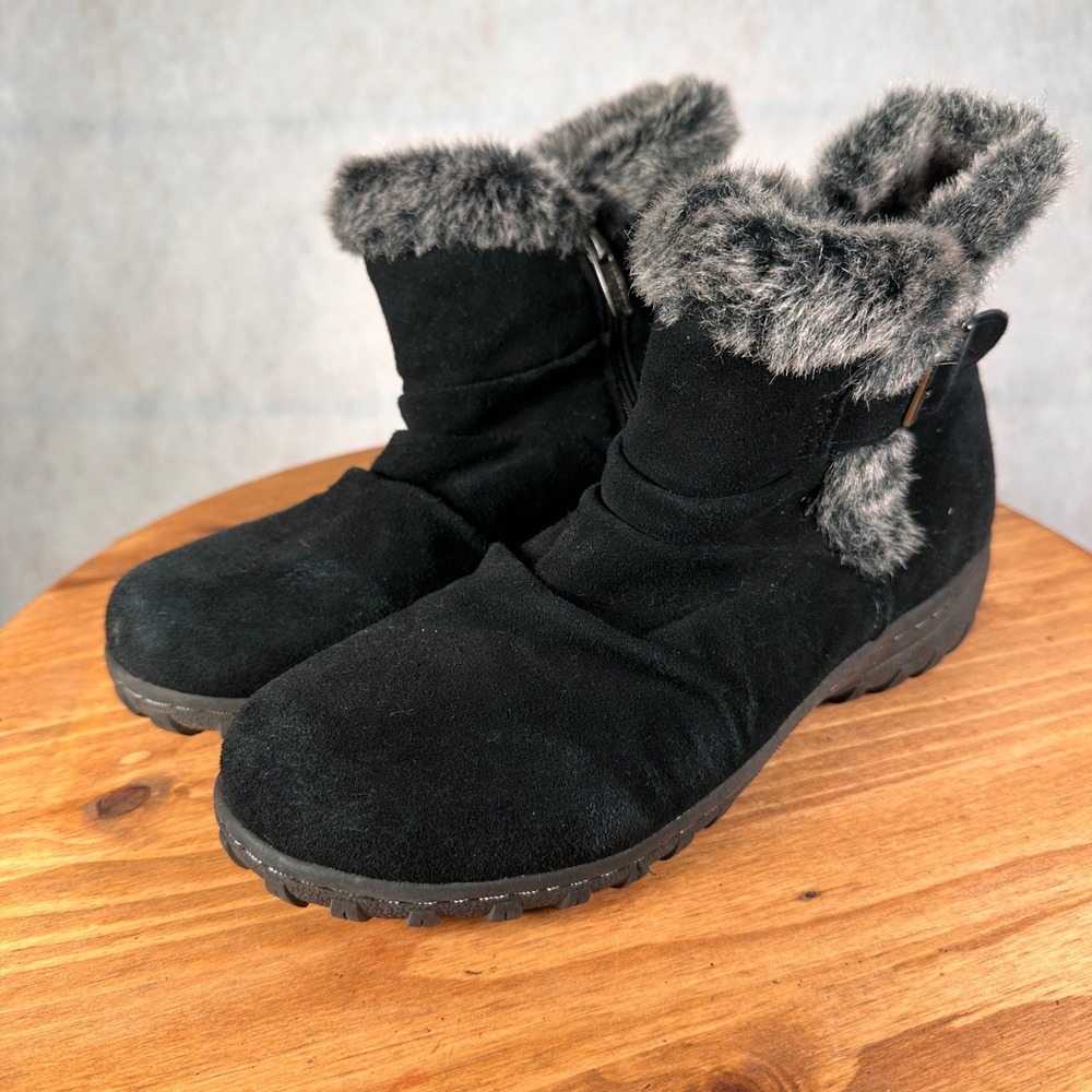 Khombu Winter Boots Women Size 9 Black Good Faux Fur Trim Ankle Suede Zipper